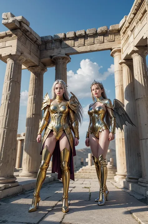 Women, Gold and silver dragon armor, with wings, full body image, Greek temple background