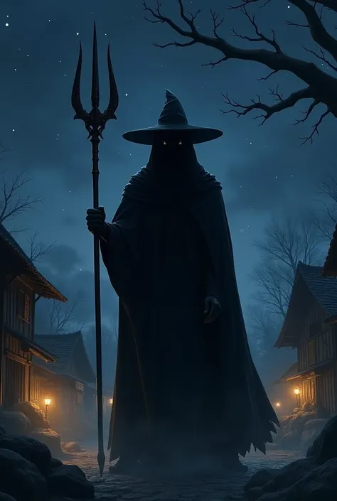 Show me a picture where there is a person dressed completely in black with a hat and holding a trident in his hand and he is in a village and it is night time. 