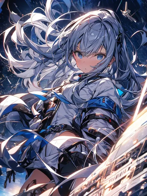 masterpiece, (Best Quality: 1.2), １woman, Gray Hair, blue eyes, From below、前に倒れこんでいるwoman、Fearful expression、Many space battleships are floating in the sky.、Attack from a spaceship、(Long straight hair: 1.1), Casual Outfits、Soaring dust、Destroyed city