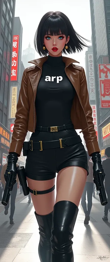 (work of art, Distinctive Quality, mirror-like, Cinematic Experience, incredibly detailed, absurdities), 8k, wallpaper, (best illustrations:2.0), (a woman:2.0), (black high collar tactical uniform:2.0), (shirt written: "ARP"), (short brown leather jacket:2...