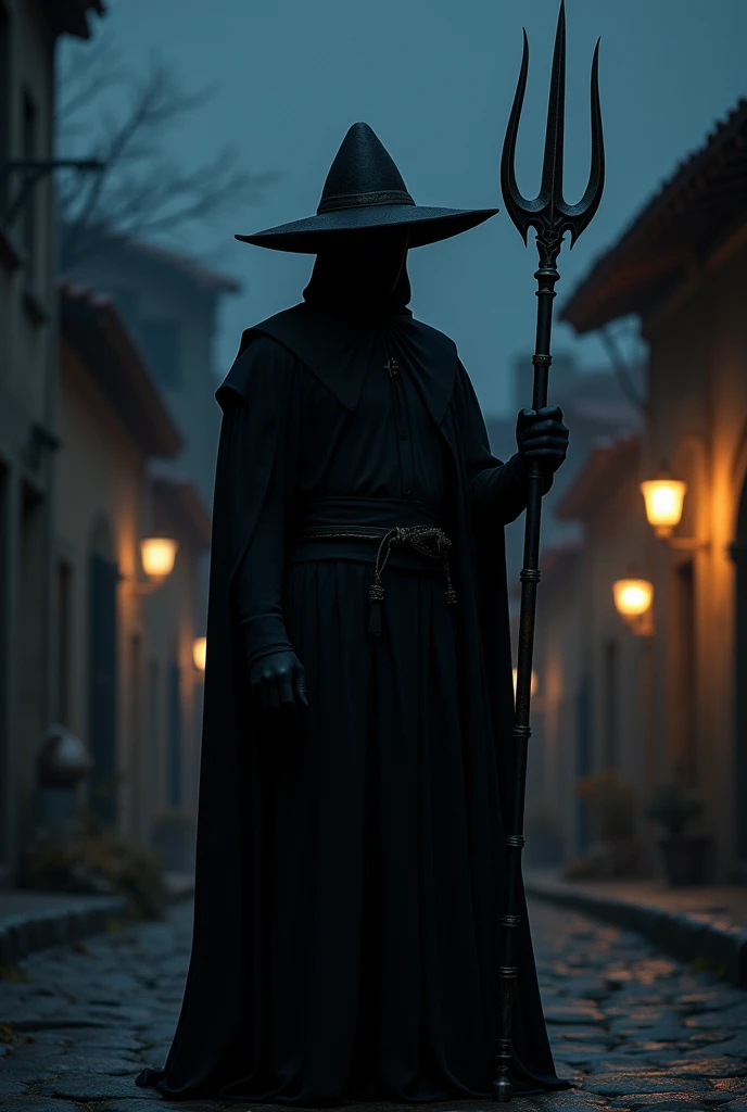 Show me an image where there is a person dressed completely in black with a llanero hat and holding a trident in his hand and who is in a town and it is nighttime. 