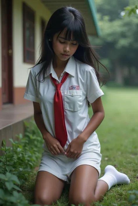 Masterpiece all details mentioned here, highly details first feeling of squirting from her face, highly detailed front view, 1girl, , Sri-lankan secondary school girl, white tight school uniform gown, small red tie, white socks, white underwear, upskirt vi...