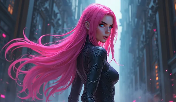 A mesmerizing dark fantasy artwork featuring a powerful and enchanting female protagonist. Her striking neon pink hair flows down her back, framing her captivating piercing gray eyes that emanate unwavering determination. The protagonist is attired in a fo...