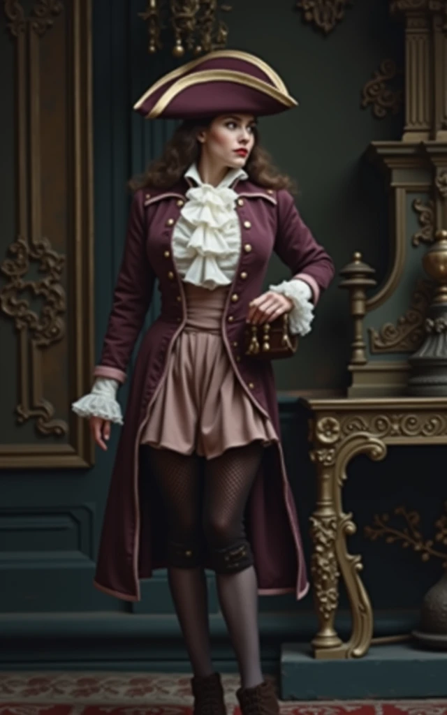 a misterious woman, dressed in 1710s Mens versailles Mens Suit. A Historical rococo costume with a navy blue frock coat, ,lace cuffs, big ruffled Lace Jabot Cravat, ,, tricorn hat ,wig long haircut,