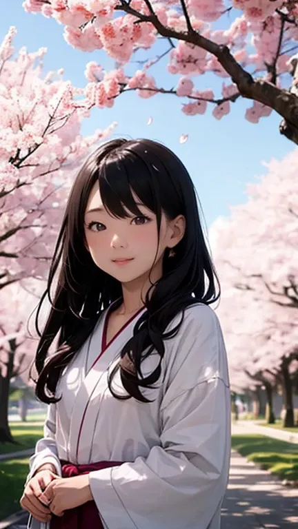 A teenage Japanese girl、A photo of a smiling woman looking at the camera under a row of cherry blossom trees。A calm spring afternoon、The soft sunlight illuminates the girl&#39;s hair。Shallow depth of field、The cherry blossoms in the background are blurred ...