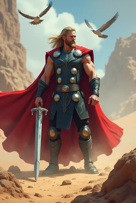 Thor who holds the sword in his hilt is a god in the desert field and the birds are flying in the sky.
