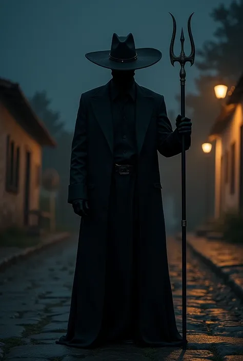 Show me an image where there is a person dressed completely in black with a llanero hat and holding a trident in his hand and who is in a town and it is nighttime. 