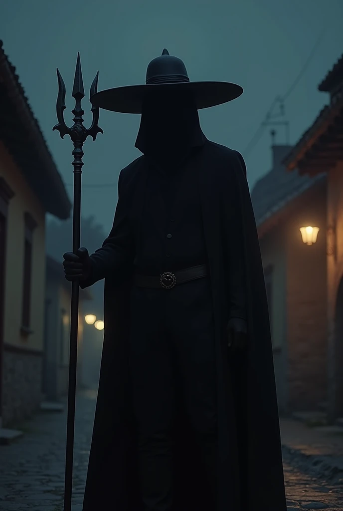 Show me an image where there is a person dressed completely in black with a llanero hat and holding a trident in his hand and who is in a town and it is nighttime. 