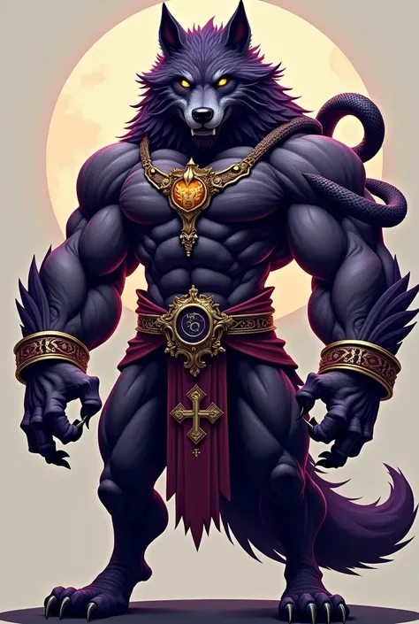 Dark Wolf, humanoid and muscular as a mascot, in purple and gold colors, with a medicine snake wrapped around his arm 