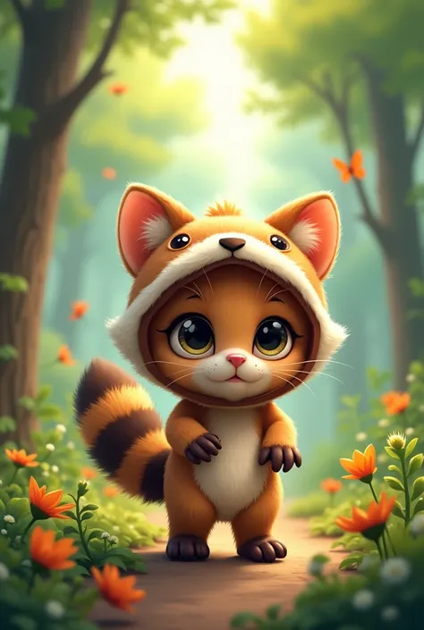 Cute kitten wearing a raccoon costume、Forest Background、upright、3d、Illustrated style