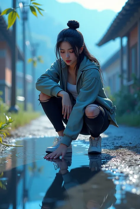 Cinematic photo,fractal,A beautiful Korean woman,black hair tied in a bun ,wearing a jacket,jordan shoes,black ripped jeans,hand touches puddle of water with aqutic effect,pantulan air wajah jelas, when you see a clear reflection in a puddle of water,backg...