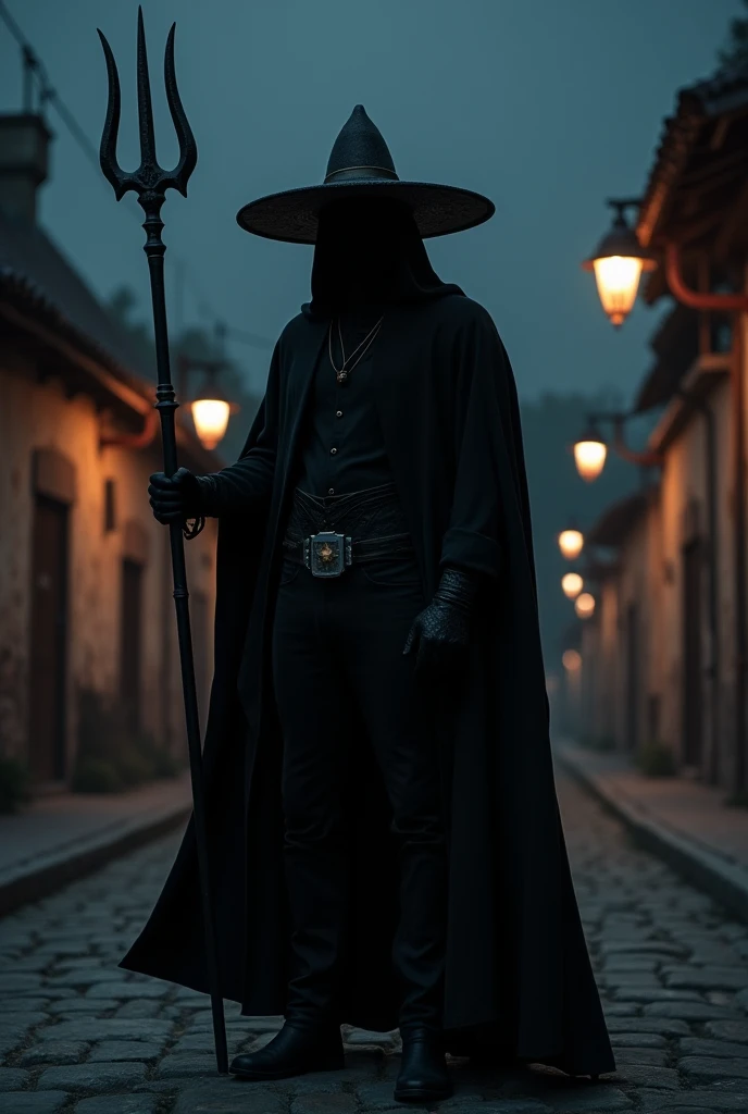 Show me an image where there is a person dressed completely in black with a llanero hat and holding a trident in his hand and who is in a town and it is nighttime. 