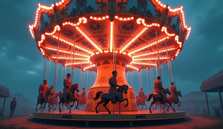 The Cycle of Dependence, A spinning carousel with figures seeking pleasures but trapped in a cycle, symbolizing repetition and lack of progress,  with color enhanceme, a magnificent image