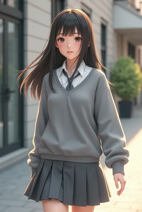 Can you draw a girl school uniform. Grey skirt with white long sleeves shirt with a gray tie with a  v neck short sleeve kind of sweater but it’s light gray 