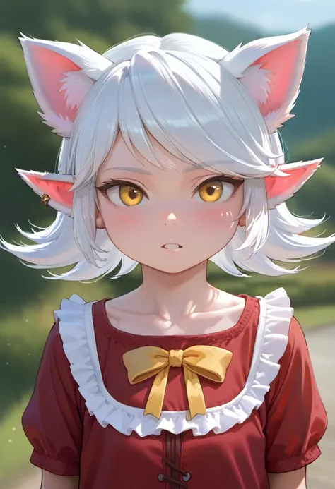 score_9, score_8_up, 1girl, solo, twintails, animal ear fluff, looking at viewer, outdoors, upper body,  white hair, blurry background, blurry, parted lips, blush, yellow eyes, ribbon, shirt, neck ribbon, depth of field, yordle girl, collarbone, day, red s...