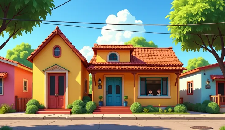 "A Pixar animation style illustration shows a line of 1 floor houses in el salvador, front view famera from across the stree we see a house with its window open , pixar animation style