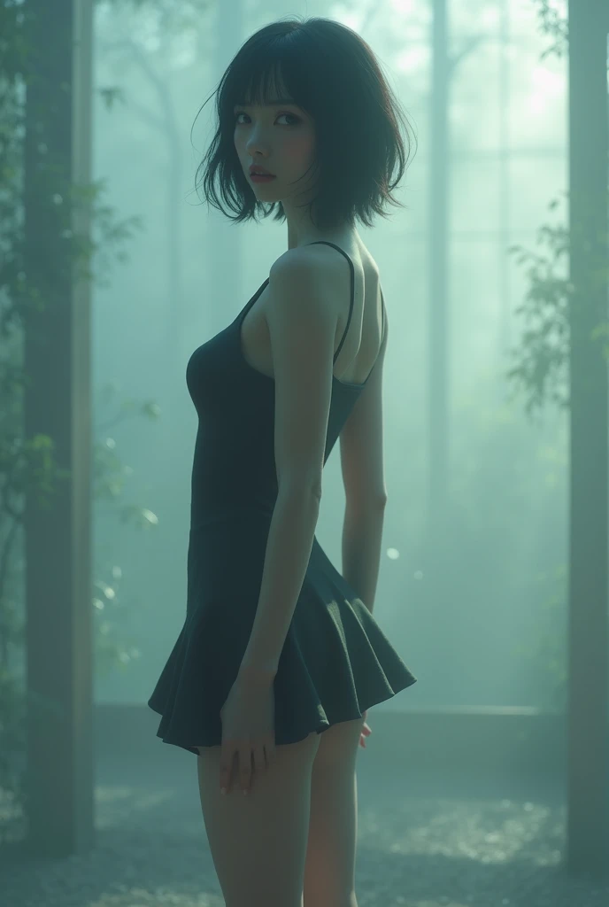 High quality resolution,8k photo,beautiful japanese young girl , short hair,Super realistic,double exposure,beauty super slender skinny young vides,soft focus, large breasts size, super beautiful rounding breasts,beautiful long legs, standing, vampire girl...