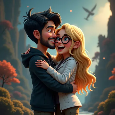 (a male, black hair, very little beard, wearing black jacket, watch, brown leather shoes), (female, long blonde hair, little fat, wearing lab coat, eyeglasses, watch, cargo pants, low cut white sneakers) hugging together, happy connection, fantasy world as...