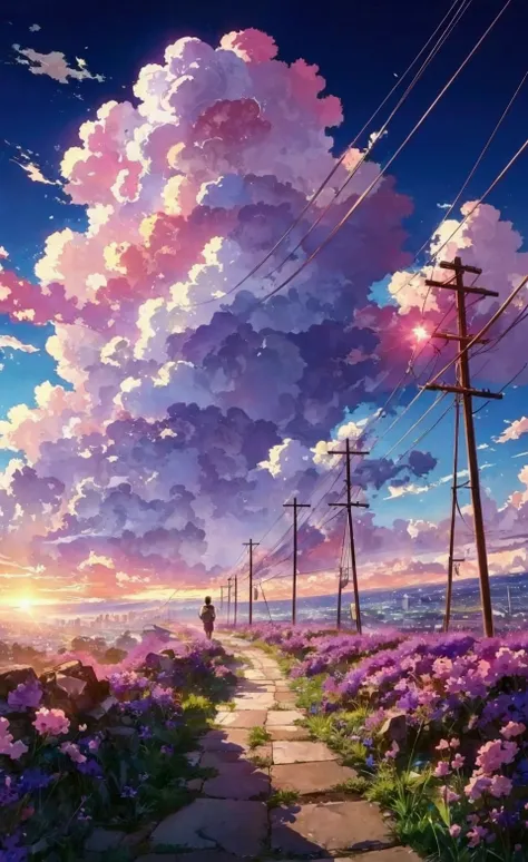 anime landscape with  a path in the middle of a field, purple flowers, lavender flowers is glowing, hight sky, many cloud, sunse...