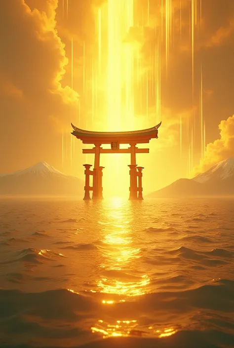 On the Sea　The background is a golden Japanese shrine　Golden Torii　Golden waves from the sky　Golden waves from the sea　High image quality　high quality　Fantasy