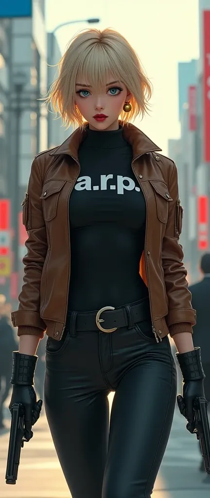 (work of art, Distinctive Quality, mirror-like, Cinematic Experience, incredibly detailed, absurdities), 8k, wallpaper, (best illustrations:2.0), (a woman:2.0), (black high collar tactical uniform:2.0), (shirt written: "a.r.p."), (short brown leather jacke...