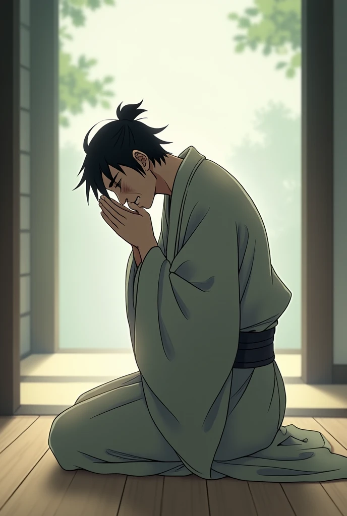 Anime praying man. Kneeling down. sad