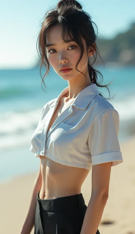 a beautiful japanese woman with an emphasis on her slim abdomen, detailed facial features, random hairstyle, standard bust, wearing a uniform, on a beach, with super detailed face and eyes, double eyelids