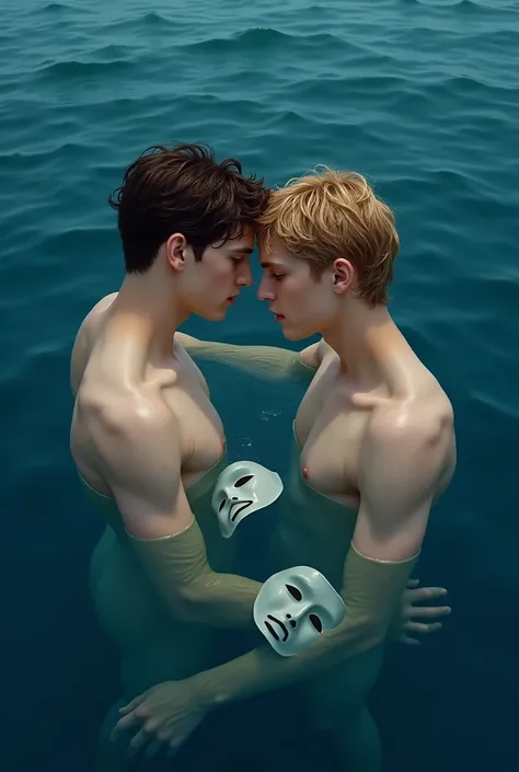 
realistic image of two young men, a brown haired one, the other with dark blonde hair looking at each other, the two are immersed in dark blue water, letting two masks sink into the water the two boys are in love with each other sunk in the sea, one is he...