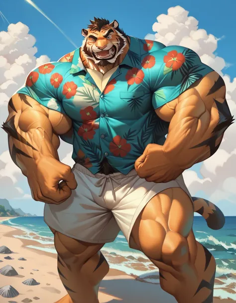 bara tiger, fur, very large pecs, strong physique, very muscular, perfect anatomy, masterpiece, black beard, black eyes, strong ...