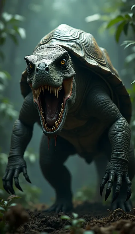 A terrifying Monster,  Velociraptor and Turtle mutation, on Dark jungle  make it realistic