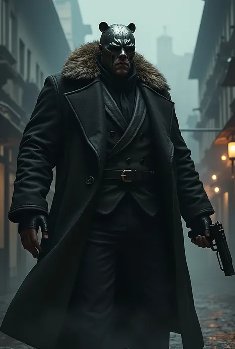 RPG, realistic tall man, a bear mask covering his face, metal mask, tall figure in long black overcoat with fur lapel with bear mask, angry expression, holding a tommy gun, highly detailed, medium shot