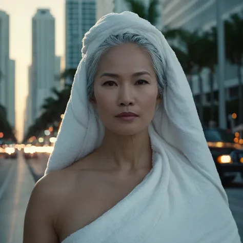 cinematic film still of bright light, bright, a middle aged sexy gray haired still very young looking Asian woman wearing only a white towel on her head completely covering her head and she is naked full body view she i s walking around the city of Miami s...