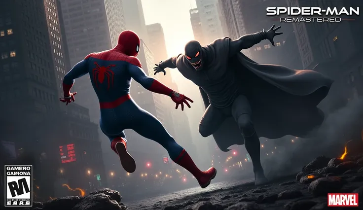 A dynamic image featuring Spider-Man swinging through the city and facing off against a mysterious villain. The title Spider-Man Remastered is prominently displayed, along with the PC logo and the Marvel logo. The image has a dark, gritty atmosphere and is...