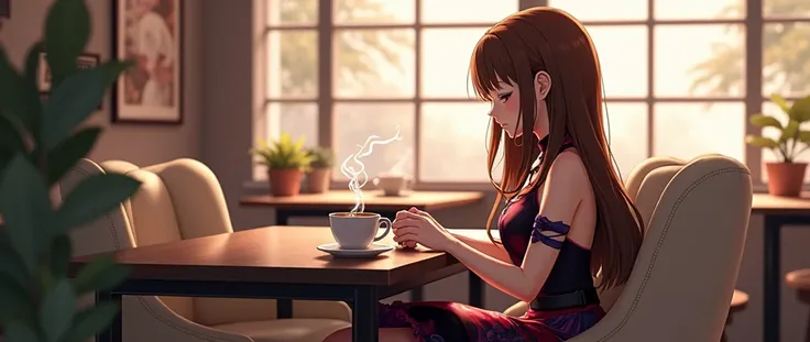 Anime girl with brown hair, in a red black purple dress, sitting at a dark wood table in a cream leather chair with a mug of coffee in his hands, in the coffee shop on the left there are empty tables and windows