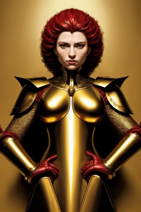 caravaggio painting; high contrast; red rising book series; virginia au augustus; beautiful woman, gold hair; shining gold eyes; fighting pose; gold futuristic armor with red details; futuristic godess warrior;
