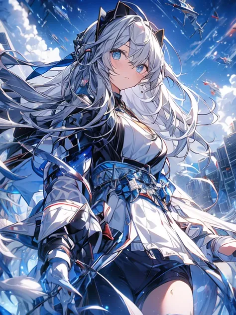 masterpiece, (Best Quality: 1.2), １woman, Gray Hair, blue eyes, From below、前に倒れこんでいるwoman、Fearful expression、Many space battleships are floating in the sky.、Attack from a spaceship、(Long straight hair: 1.1), Casual Outfits、Soaring dust、Destroyed city