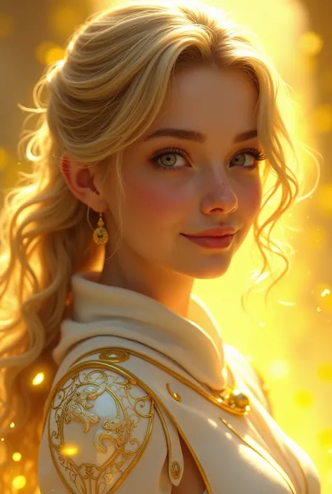 close-up head, facing camera, realistic digital painting portrait of a female human, 3r1nm0r1art72, cute smile, (wavy hair:1.1), (blonde hair:1.3), magical yellow universe, white magic cloth armour with yellow engrave in intricate details, (abstract, backg...