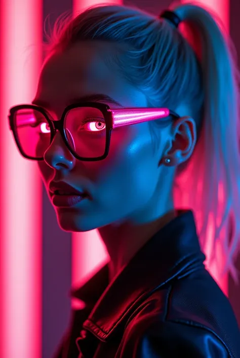 a woman wearing sunglasses with neon lights on her face and her hair in pony tail style ponytail and her eyes glowing, synthwave style, cyberpunk art, retrofuturism, 8k, masterpiece, high quality