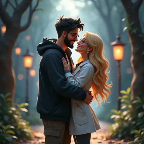 (a male, black hair, very little beard, wearing black jacket, watch, brown leather shoes), (female, long blonde hair, little fat, wearing lab coat, eyeglasses, watch, cargo pants, low cut white sneakers) hugging together, happy connection, fantasy world as...