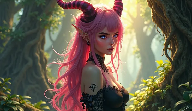 woman with pink hair and horns in a forest, 2. 5 d cgi anime fantasy artwork, deviantart artstation cgscosiety, epic fantasy art style, epic fantasy art style hd, epic fantasy digital art style, dark elf princess, beautiful succubus, succubus | medieval, a...