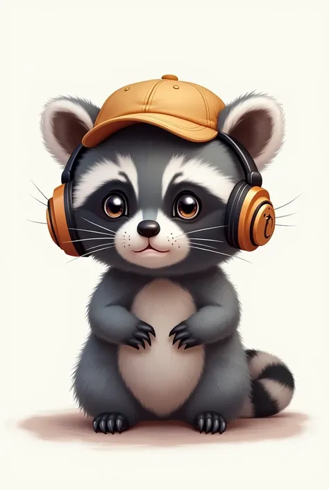 Cute baby raccoon with cute cap and headphone headband 