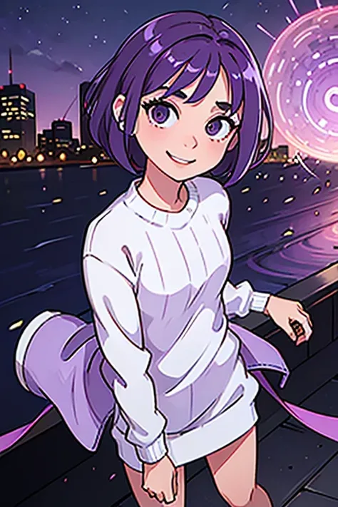 purple skin, , Boy, Purple hair, Very short haircut, big eyes, White eyes, smiling, full-length, three stripe sweater Looks at the viewer, there is a big city behind him