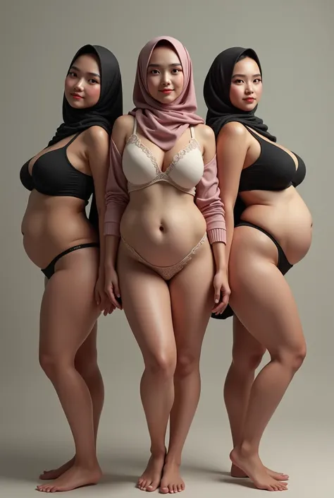 Three girl Malaysian hijab, big butt, big breast, bra, panties, full body, hd quality, masterpiece, reality 