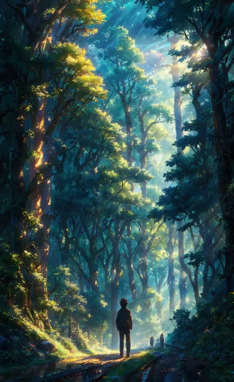 anime, a man stands in the middle of a forest with tall trees, anime lush john 8k woods, makoto sinkai, makoto shinkai. —h 2160, greg rutkowski makoto shinkai, makoto shinkai cyril rolando, mokoto shinkai, overlooking a vast serene forest, studio glibly ma...