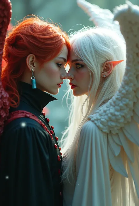 2 white men, a vampire and a celestial the red haired vampire, blue earring and red wings and a celestial with white hair and yellow eyes and with a red earring and white wings 