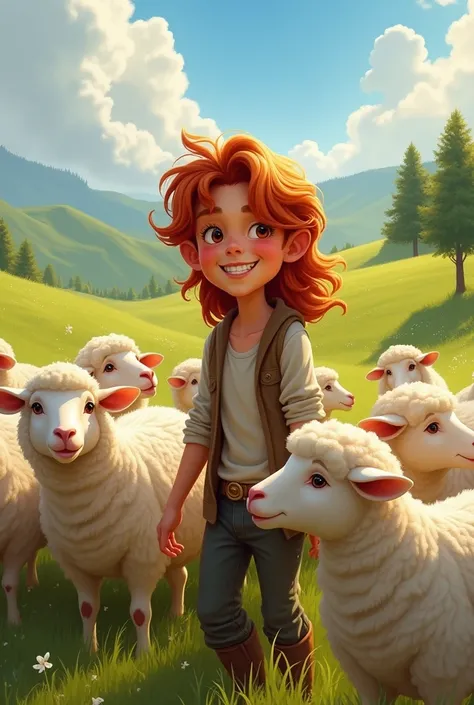 Create David Image, adolescent, long red hair, handsome, happy, happy, at the field, taking care of sheep