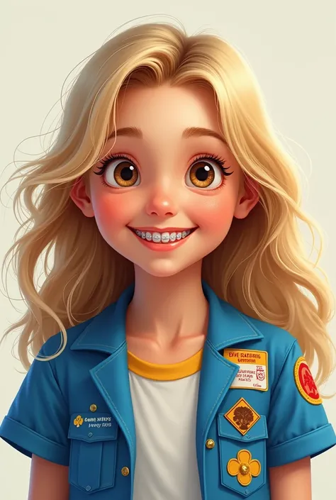 A blonde girl with long, slightly curly hair, with a beautiful smile, with braces and a blue girl scout outfit 