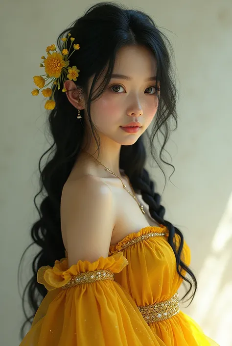 Girl with very very long black braid hair with flowers in yellow crystal long gown , face front 