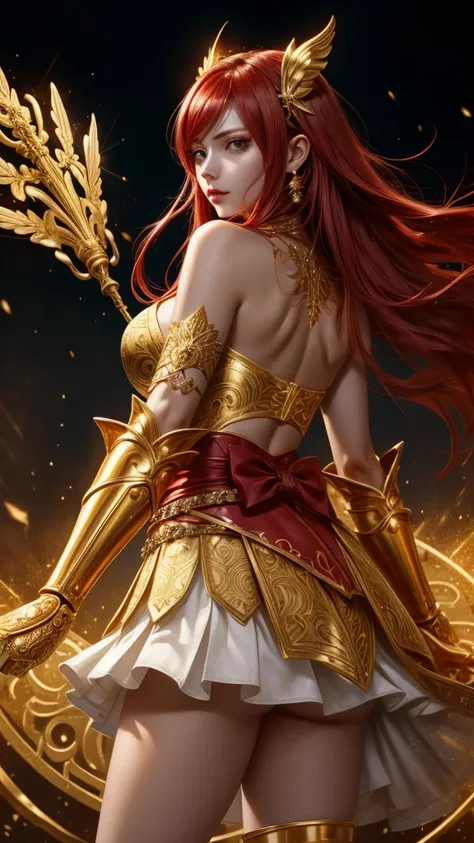 erza scarlet, de fairy tail, head on, using the nakagami armour.
the armor has a white and gold color scheme..
deep v-neckline, ...