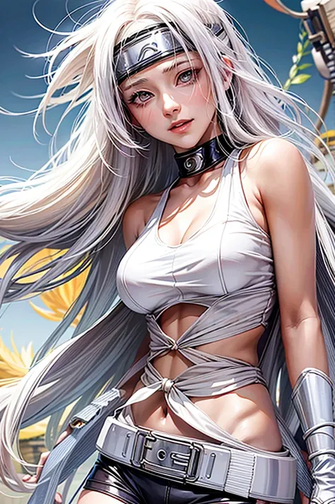 (masterpiece), (best quality), Realistic, Film lighting, ((Hinata in Naruto smiled)),  sexualized pose, Battlefield Background, the perfect body, White eyes, white dyed hair